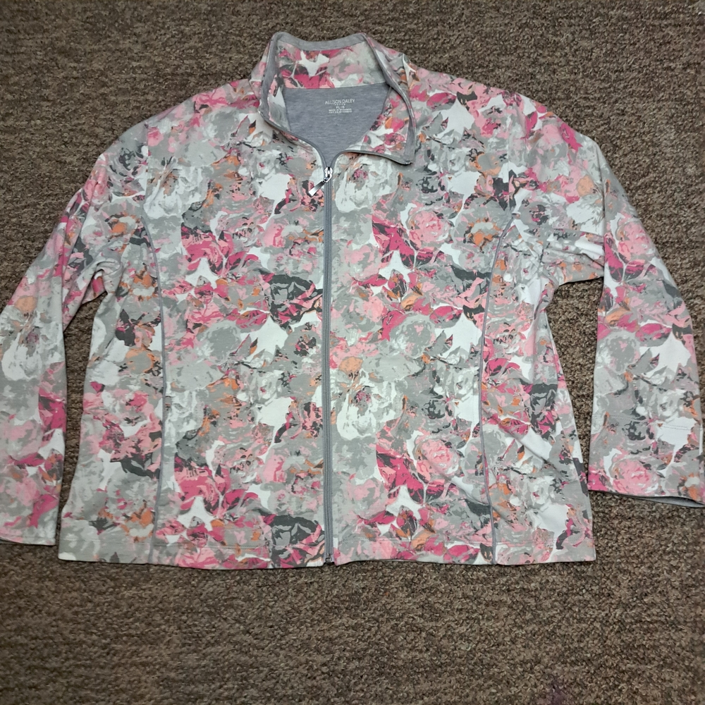 Allison Daley Preppy Pretty Pink And Grey Floral Zip Up Sweater.